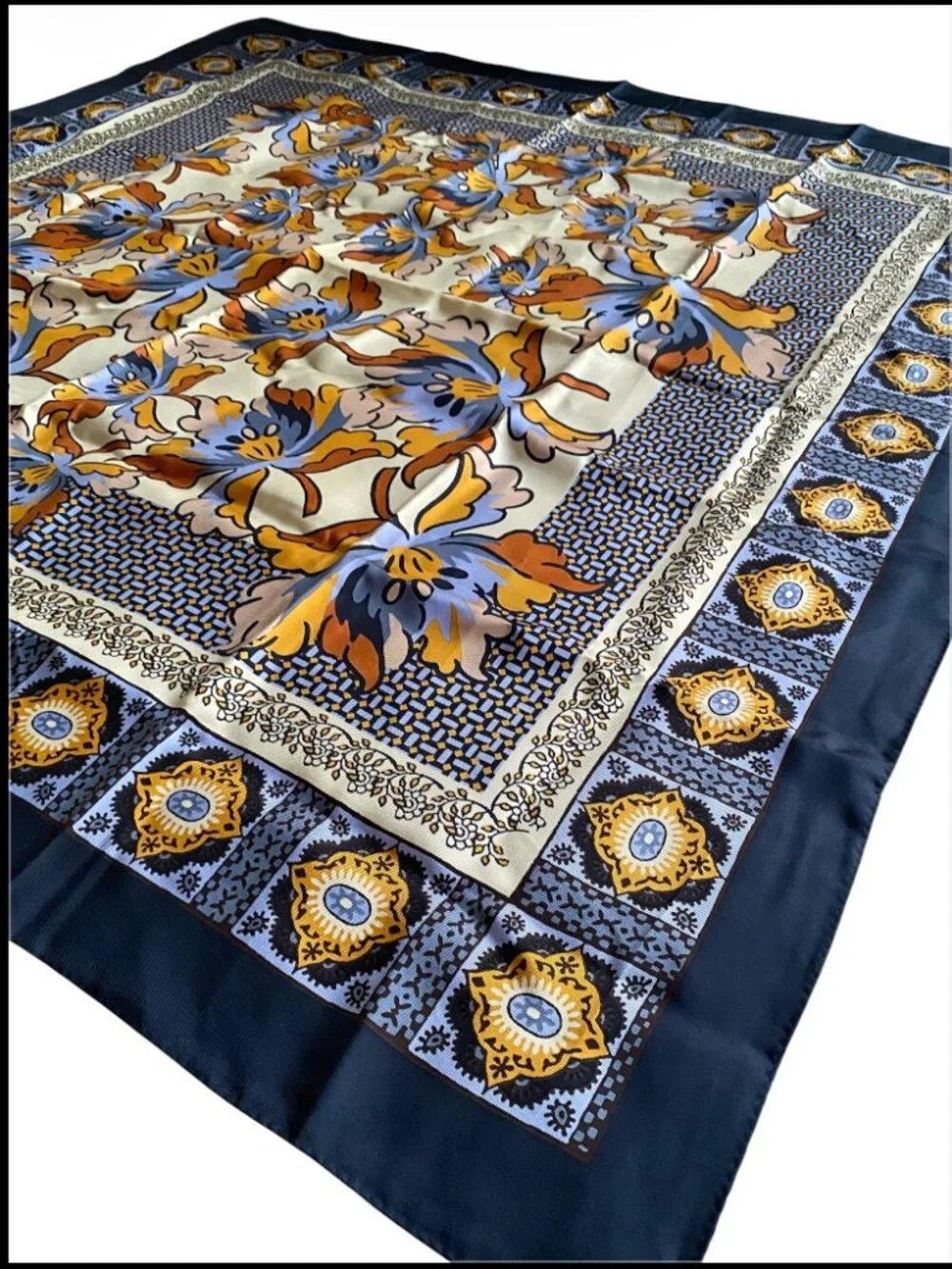 Tory Burch 35” Silk Square Scarf Floral Print Navy Orange Blue Design Tiger Lily